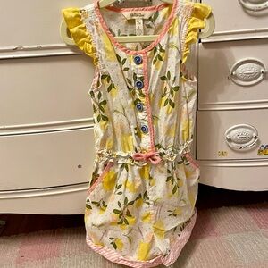 Matilda Jane Yellow Lemon Print Romper with Pink Trim Size 6 NWOT Sfpf